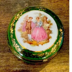 Vintage Limoges France Porcelain Trinket Box Hand Painted Romantic Scene Green